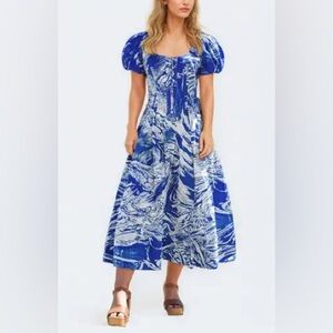 Blue and White A-Line Puff Sleeve Midi Dress